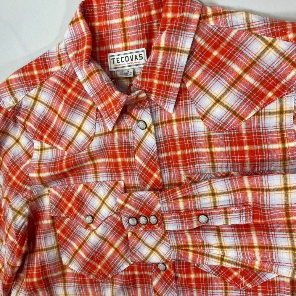 Tecovas Pearl Snap Western Shirt Women Small Orange Plaid Cotton Cowgirl Ranch